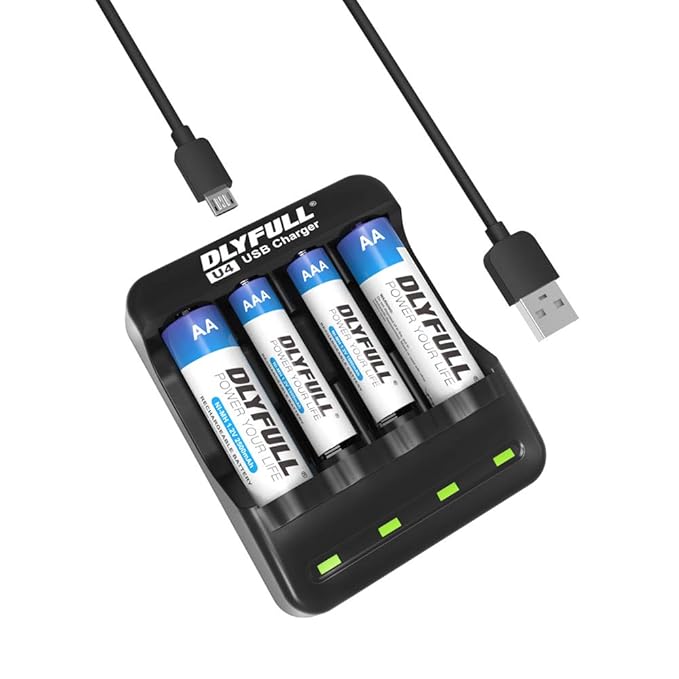 Dlyfull USB Rechargeable AA AAA Battery Charger 4 Bays, Ni-MH/CD Battery Charger LED Indicators & USB Cable