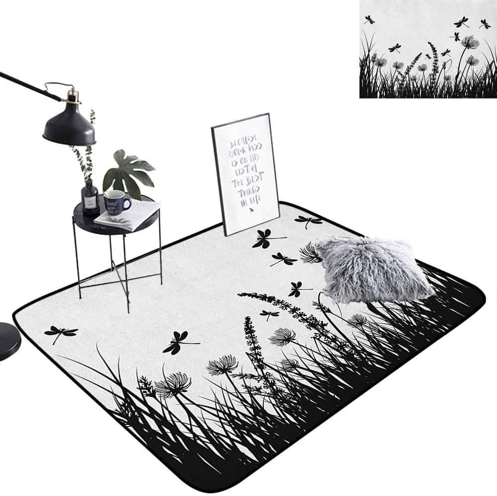 Nature Throw Rug Grass Bush Meadow Silhouette with Dragonflies Flying Spring Garden Plants Display Bedroom Rugs Super Soft and Cozy for Bedroom Floor, W19 x L31 Black White