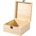 Useekoo Unfinished Wooden Storage Box with Hinged Lid and Front Clasp, 7.7'' x 7.7'' x 3.9'' Keepsake Box, Rustic Wood Gift Boxes for Jewelry, Art Hobbies and DIY lovers