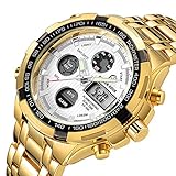 Affute Outdoor Sport Mens Led Digital Analog Quartz Watches Waterproof Stainless Steel Band Gold White