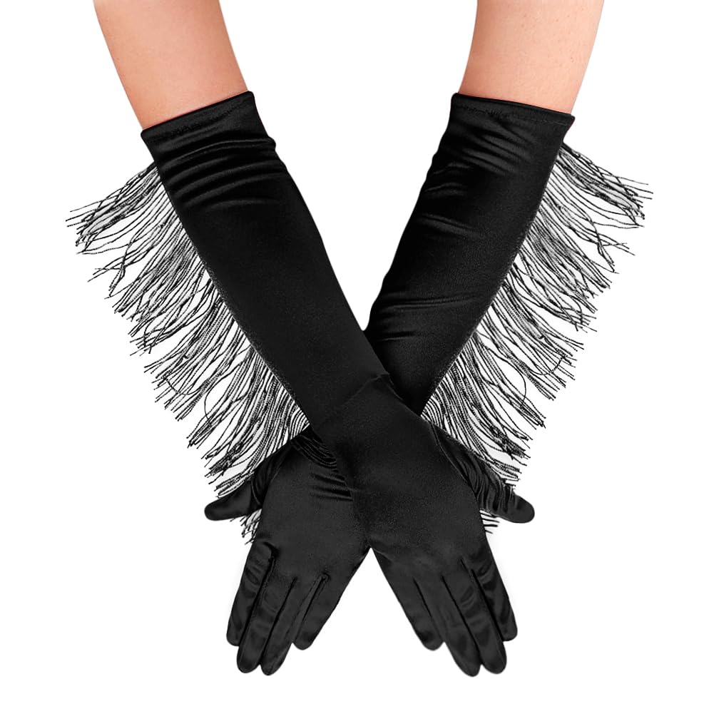 Women Ladies Long Satin Tassel Gloves Bridal Wedding Prom Fringe Elbow Length Gloves Opera Fancy Dress Hand Mittens Carnival Evening Party Costumes Handwear Gloves for Rave Halloween Dance Ascot