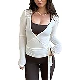 Ballet Wrap Top for Women Pilates Yoga Workout Slim Fit Front Cross Tie Shirts Long Sleeve Shrug Cover Up Dance Top
