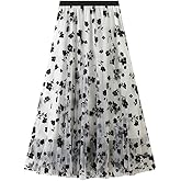 SUNYUESTAR Floral Skirts for Women Midi Length High Waisted A Line Cute Fairy Pleated Layered Tulle Skirt