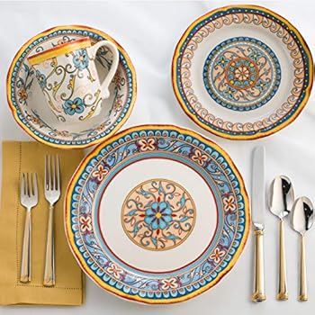 Euro Ceramica Duomo Collection Italian-Inspired 16 Piece Ceramic Dinnerware Set, Floral Design, Multicolor