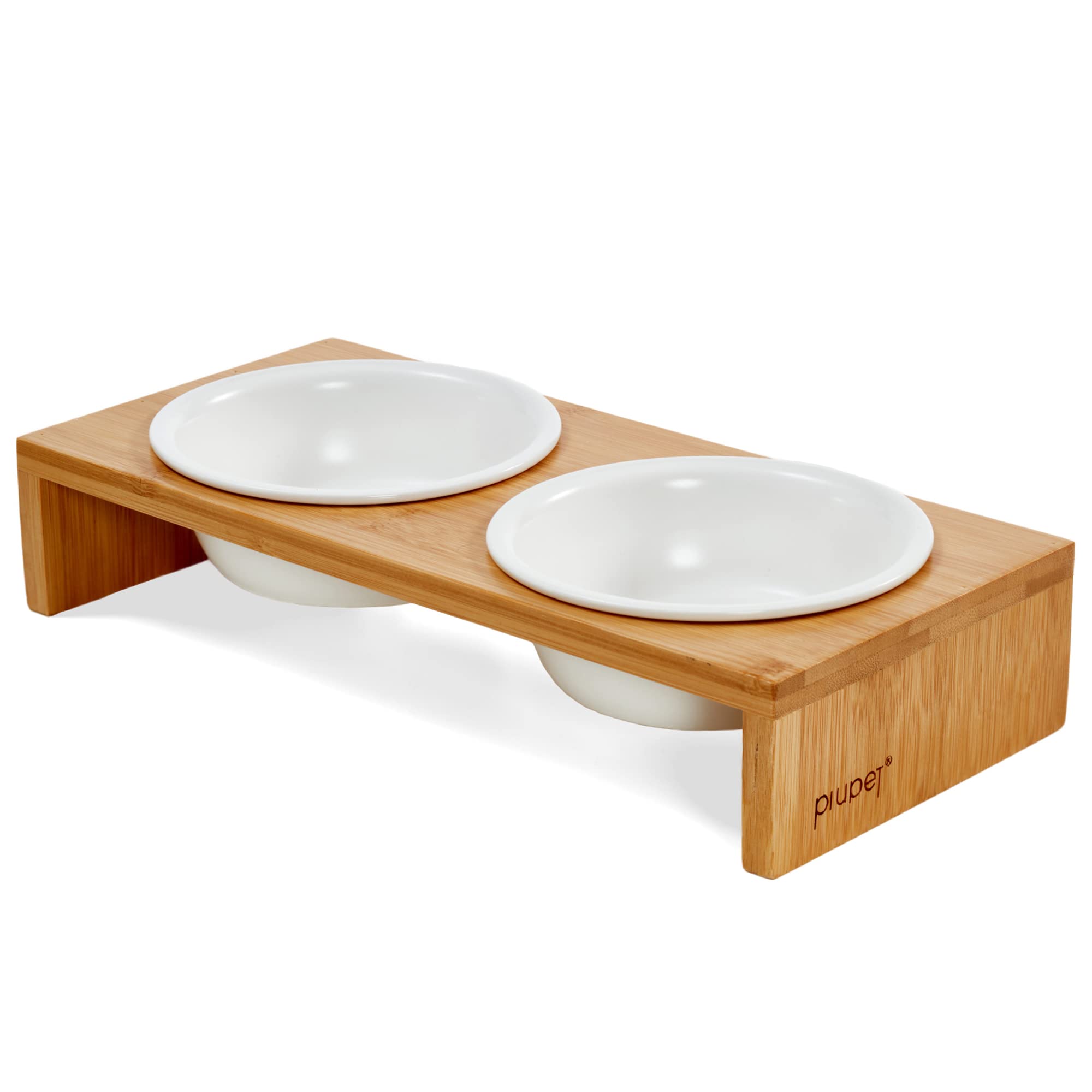 PiuPet® 2pcs Elevated Cat Feeding Bowls for Cats & Small Dogs - 250ml Capacity, Modern White Stoneware & Bamboo Stand - Cat Food & Water Bowl Set