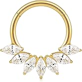FINE4U Marquise Zircon Titanium Clicker Hoop Collection - 16G 8mm/6mm Gold ASTM F136 Seamless Septum Ring, Daith & Cartilage Earring