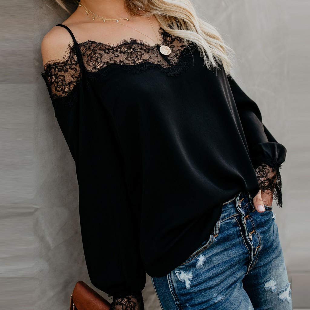 OMYGOA - Camiseta para Mujer, de Encaje, Color Puro, Manga Larga ...