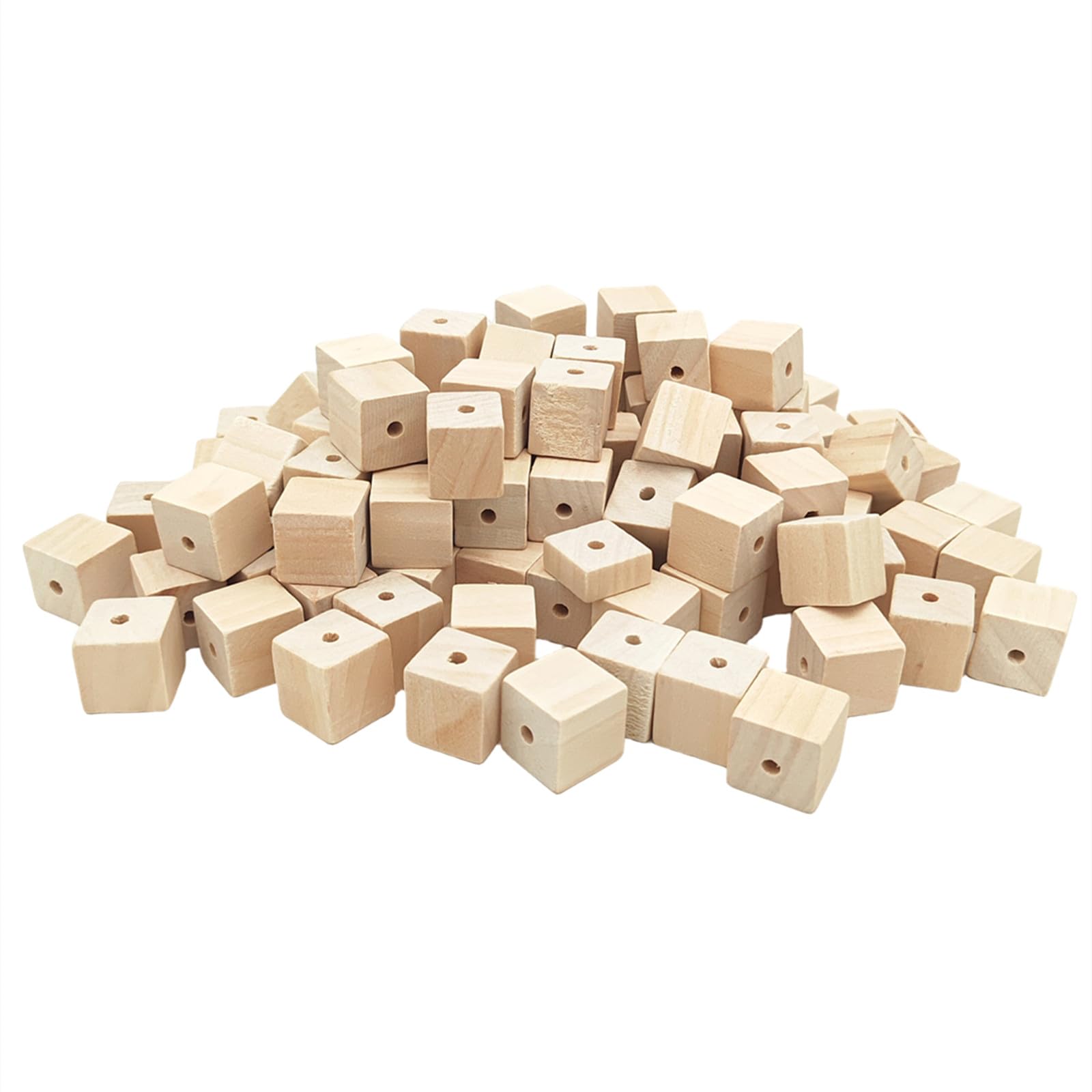 Wooden Cubes with Holes 2cm/100pcs, Unfinished Square Wood Beads Blocks Natural Blank Wood Cubes for Craft