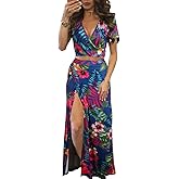 WOKANSE Women's Sexy 2 Piece Outfits Summer Beach Boho Floral Dress V Neck Crop Tops and High Split Maxi Skirt Sets