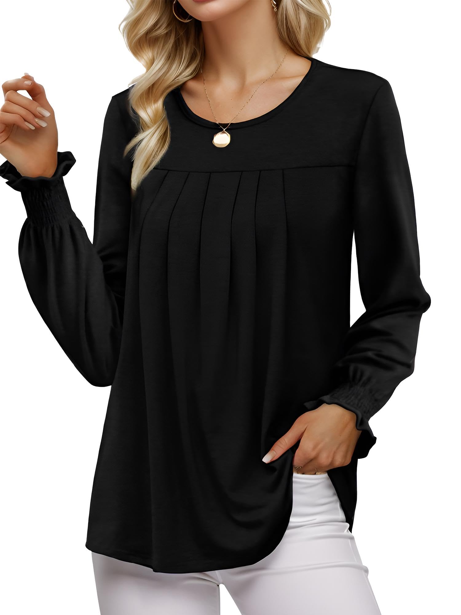 Am Direct Women's Bell Sleeve T-Shirt Round Neck Casual Blouse with Ruffle Trim Long Sleeve XXL Black