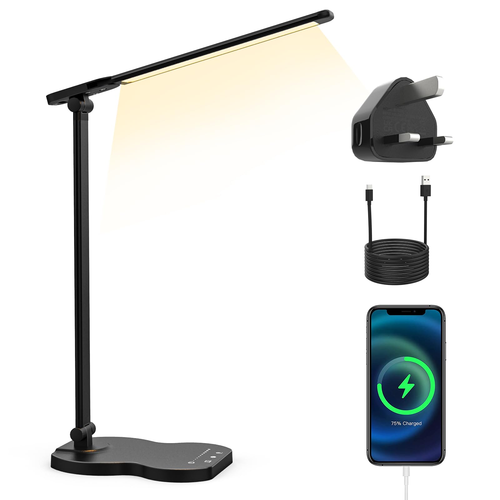 LONGTOO Desk Lamp, Dimmable Eye-Caring Table Lamp,Foldable Desk Light with USB Charging Port,5 Color ×5 Brightness Levels,Touch Control,Timable Desk Lamp for Study Office Bedroom,with Power Adapter