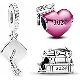 MSPOVOF 2024 Graduation Charms Bead for Bracelets and Necklaces 925 Sterling Silver Women's Girls Graduation Jewelry 3 Piece/Package