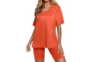SHOPESSA Two Piece Summer Sets for Women V Neck Oversized T Shirts Tops Biker Shorts Set Workout Tracksuit Casual Lounge Sets