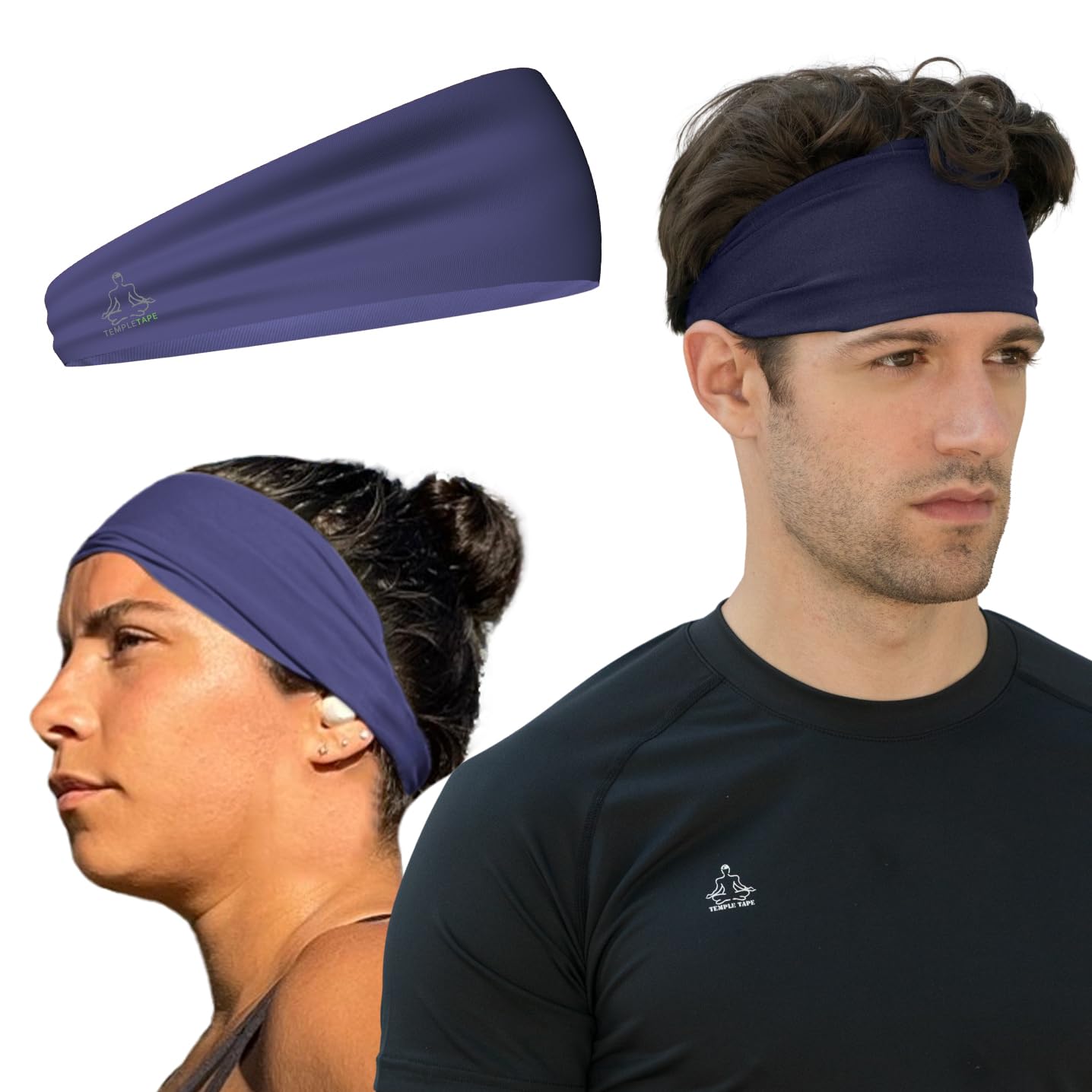 Temple Tape Headbands for Men and Women - Mens Sweatband & Sports Headband Moisture Wicking Workout Sweatbands for Running, Cross Training, Yoga and bike helmet friendly - Navy