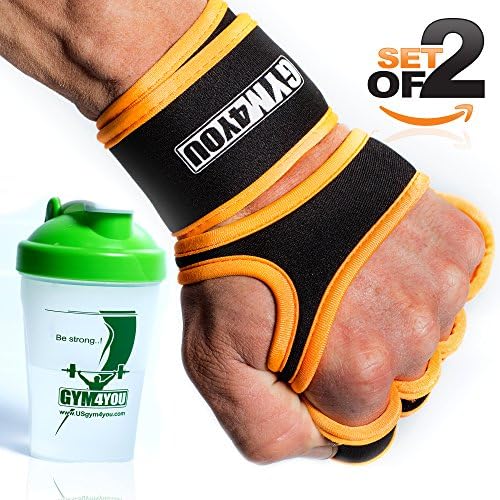 Gym4You Fitness Grips - with BONUS SHAKER - Ideal Weight Lifting Gloves for Gym, Workout or CrossFit - Leather Padding for best palm protection - BONUS E-BOOK - (orange, L)