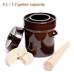 Fermentation Crock Jar 5 Liter / 1.3 Gallon - Stoneware Pot for Fermenting, Pickling Kimchi, Sauerkraut, Pickles, Vegetables, Kombucha - Glazed Fermenter with Stone Weights, Lid & Pickle Tamper