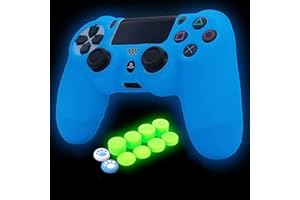HLRAO Blue Controller Skin Silicone Grip Glow in Dark Protective Case Compatible with PS4/Slim/Pro Controller with 8 Glow in The Dark Thumb Grips Caps + 2 Cute Cat Paw Thumb Grips Caps.