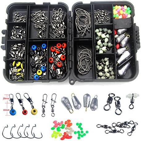 FAISOX 177Pcs/Set Fishing Accessories Box Carp Catfish Freshwater Saltwater Fishing Tackle Box - Hooks, Swivels, Double Loops, Spinners, Luminous Balls, Leaders, Etc (173 PCS KIT)