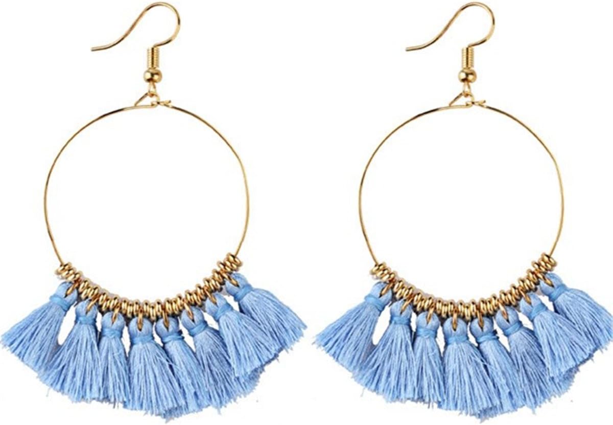 Fashion 6 Colors Bohemian Retro exaggerated Tassel Hoop Dangle Earrings for Women Summer Party Jewely (Blue)