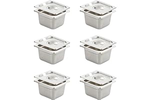 HECMAC 6 Pack Anti-Jam Hotel Pan with Notched Lid, 1/6 Size 4 Inch Deep, Heavy Duty, Commercial Stainless Steel Chafing Steam Table Pan, 23 Gauge