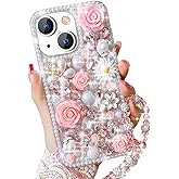 Changjia for iPhone 15 Plus Glitter Bling Case, Cute Luxury 3D Crystal Rhinestone Diamond Sparkle Shiny Gems Flower Pearl with Lanyard Wrist Strap Women Girls Case for iPhone 15 Plus 6.7 inch (Pink)