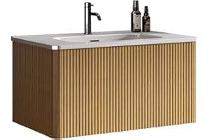 LKTART 30" Striped Natural Oak Wall Mounted Floating Bathroom Vanity with White Ceramic Sink for Modern Bathroom