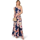 Adrianna Papell Women's One Shoulder Chiffon Gown | Long Evening Gown with Pleated Skirt, Fitted Bodice & Side Leg Slit, Navy/Blush 6