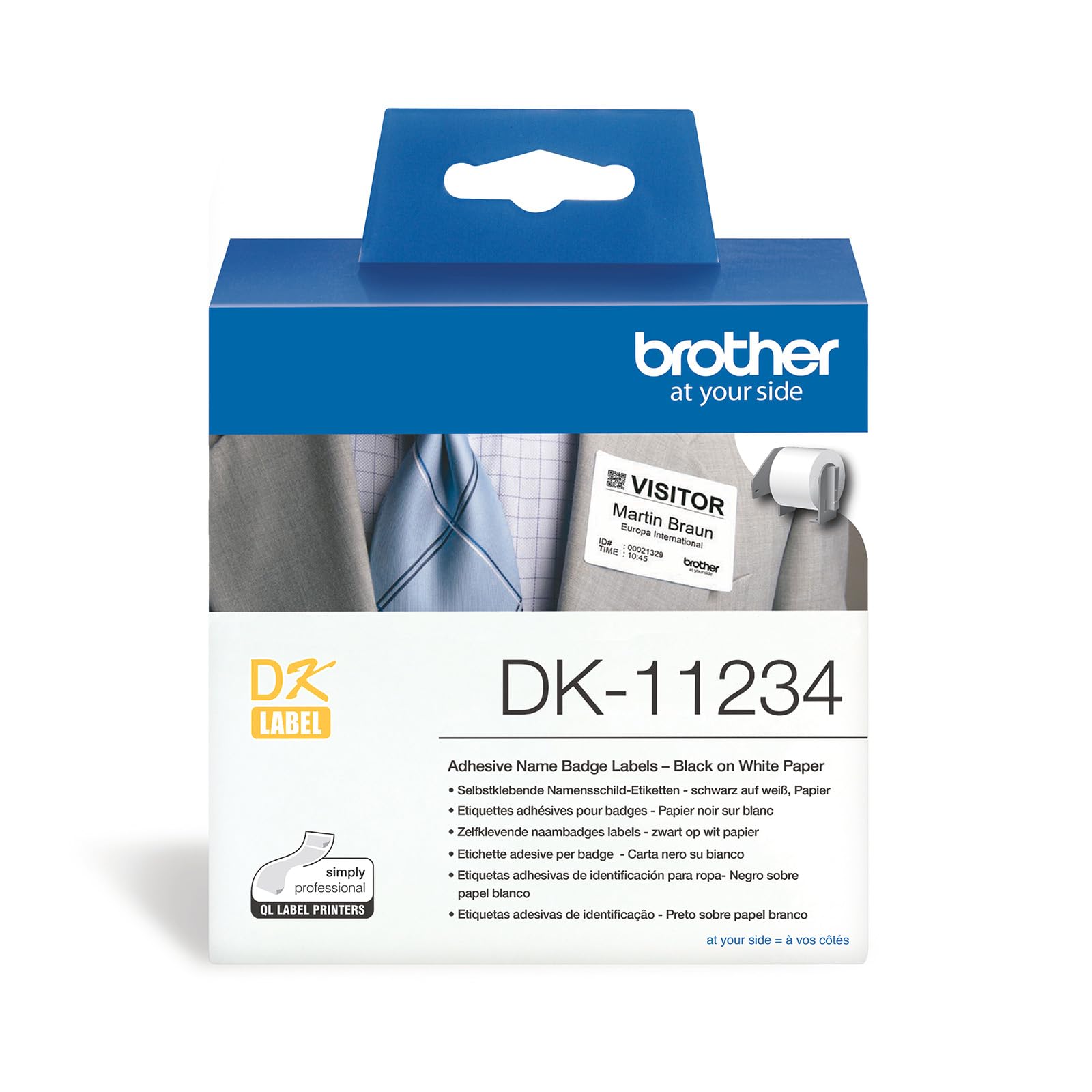 Brother DK-11234 Label Roll, Name Badge Labels, Black on White, 260 Labels, 86 mm (W) x 60 mm (L), Brother Genuine Supplies