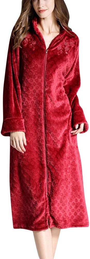 Quge Women's Zip Front Bathrobe Dressing Gown Soft Fluffy Sleepwear Housecoat Bath Robe