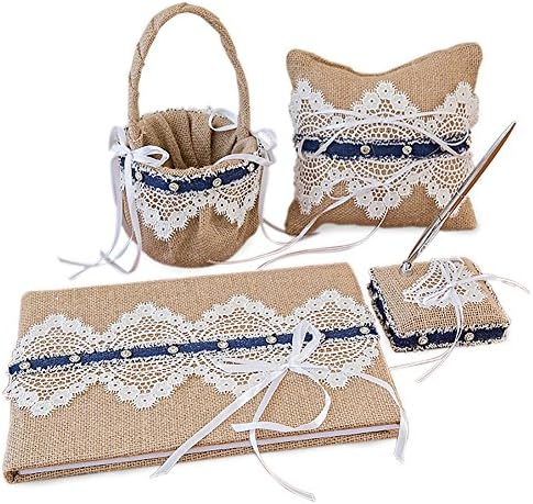 4Pcs/Set Vintage Retro Lace Wedding Flower Girl Basket &amp; Ring Pillow &amp; Guest Book &amp; Pen Set for Wedding Decoration Supplies by Eamall