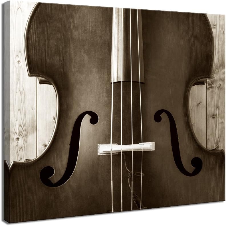 Live Art Decor - Music Instruments Canvas Wall Art Contrabass on Wooden Backgroud Pictures Painting Prints Vintage Artwork Modern Home Living Room Kitchen Decoration