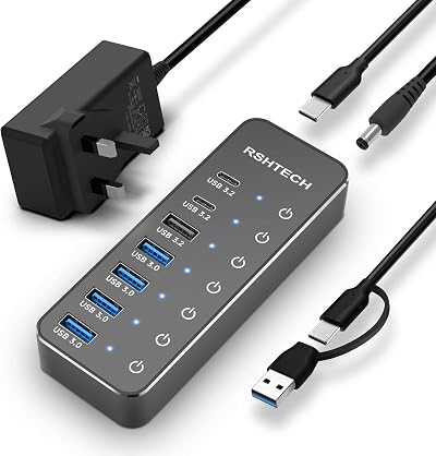 RSHTECH 7-Port USB Hub 3.1/3.2 Gen2 10Gbps USB-C/A Powered Splitter