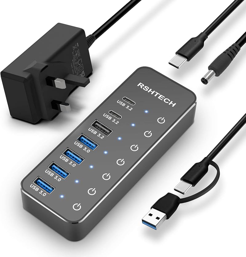 RSHTECH 7-Port USB Hub 3.1/3.2 Gen2 10Gbps USB-C/A Powered Splitter
