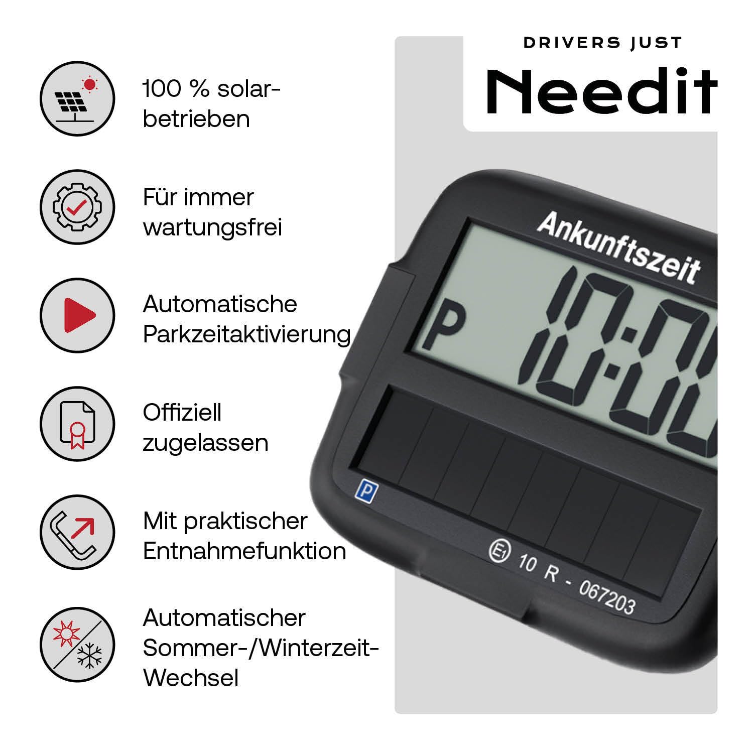 Needit Park Micro Solar elektronische Parkscheibe [NEUES Modell 2025] I unendlich Energie, Null Batteriewechsel | einzige Parkscheibe in Deutschland mit integriertem wiederaufladbarem Akku | schwarz 2