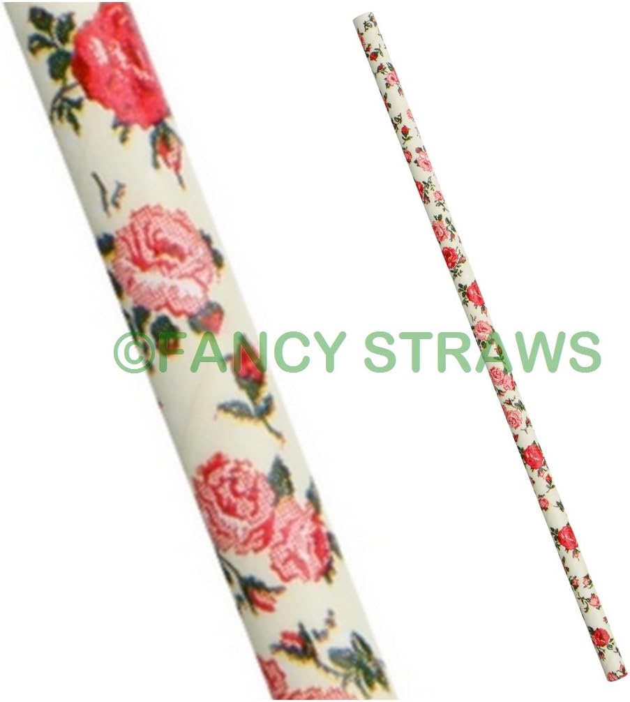 Paper Drinking Straws Apple White with Red Roses