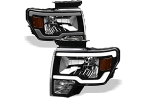 Alpha Owls Crystal Headlights with White LED Strip|Compatible With 2009-2014 Ford F150|8743089|Black Amber