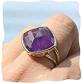 Amethyst Ring, Square Amethyst Crystal Ring for Women, February Birthstone Ring Adjustable Gold Purple Ring for Amethyst Jewelry