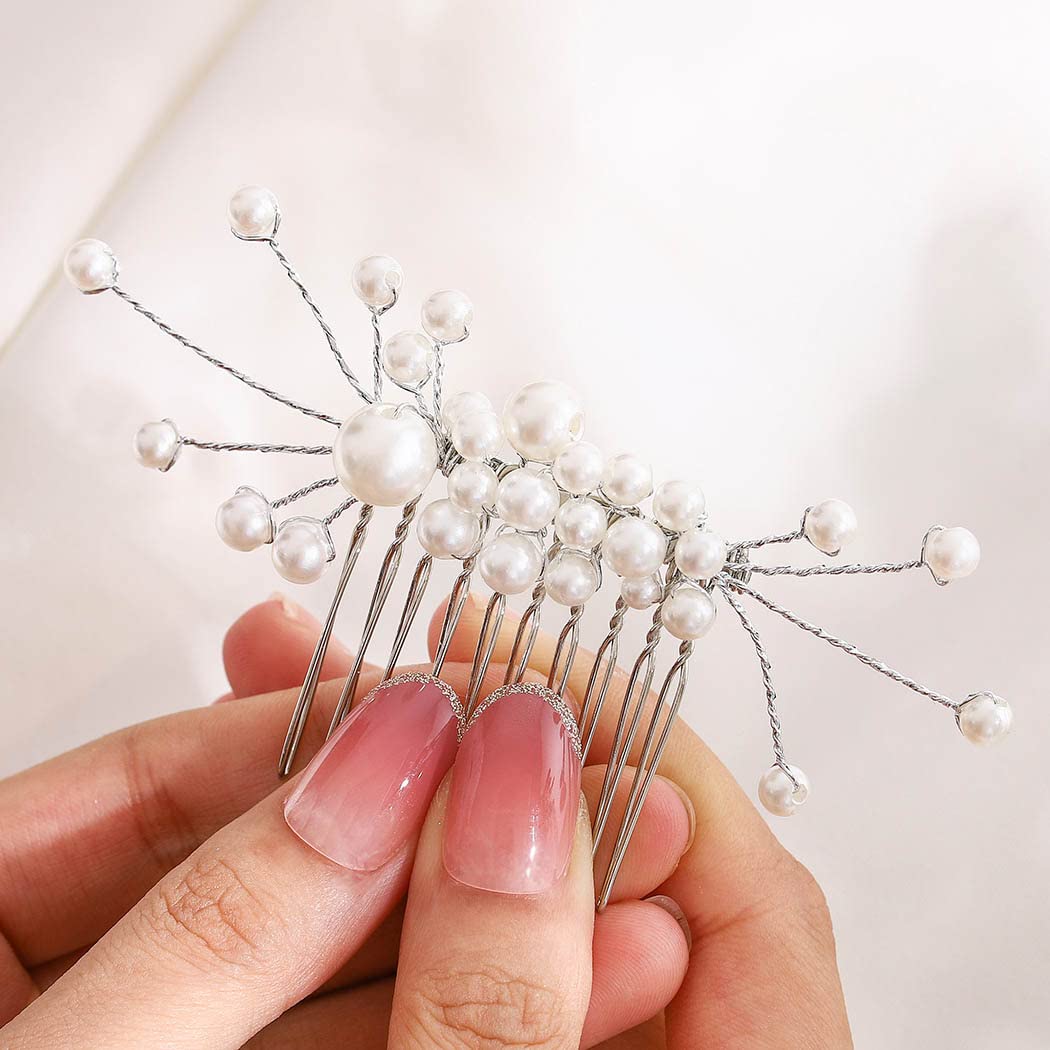IYOU Bridal Wedding Hair Combs Silver Pearl Side Comb headpiece Bride Hair Accessories for Women and Girls