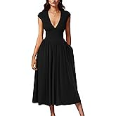 YMDUCH Women's Casual Deep V Neck Cap Sleeve Back Tie A-Line Swing Midi Dress with Pockets