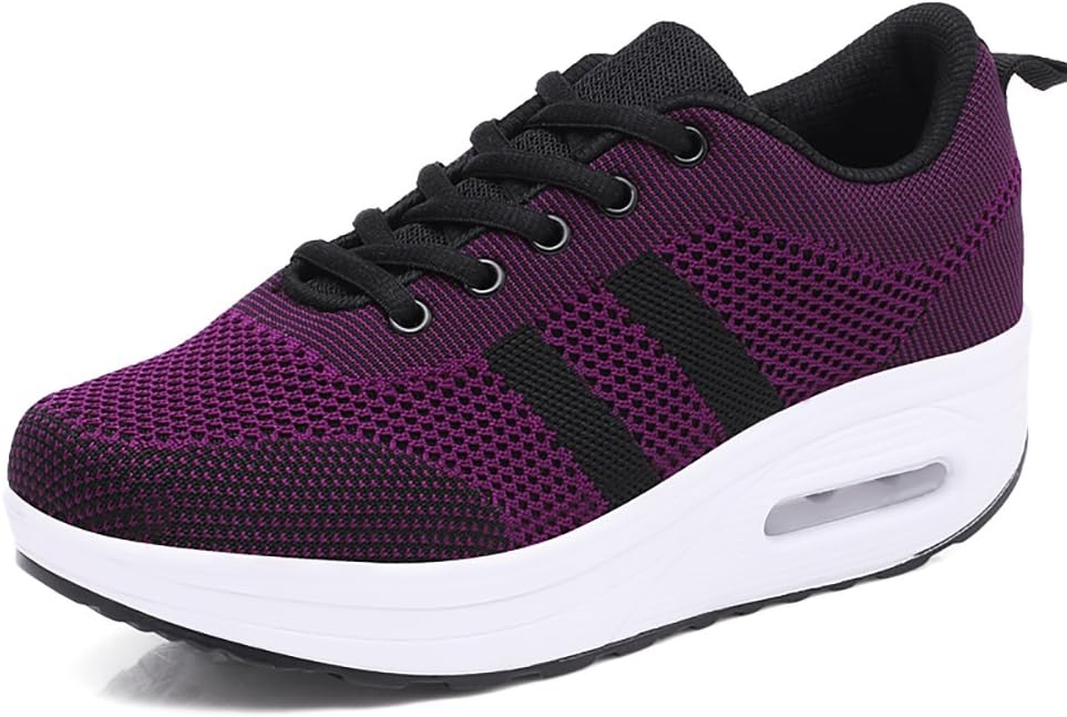Women's Trainers Platform Sneakers Jogging Mesh Air Cushion Ladies Sport Shoes Wedges Lace-up Fitness Casual Rocker Thick Bottom 5cm Black Pink Purple White UK2-UK5.5