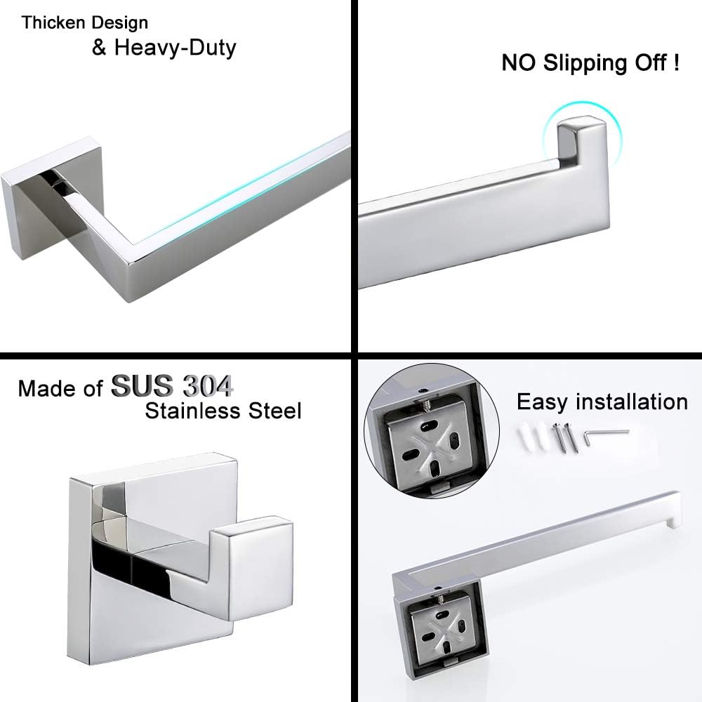 TURS Contemporary 4-Piece Bathroom Hardware Accessory Set Towel Bar Towel Robe Hook Toilet Paper Holder Hand Tower Holder, SUS 304 Stainless Steel Wall Mounted, Polished - - 