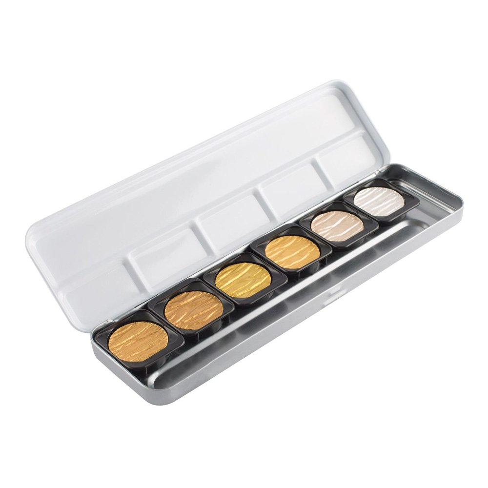 Finetec K-F0601S Paint Bowls 30 x 22 mm Pearlescent Classic Metal Box, Rubber Arabic, Pigments, Metal, Pack of 6