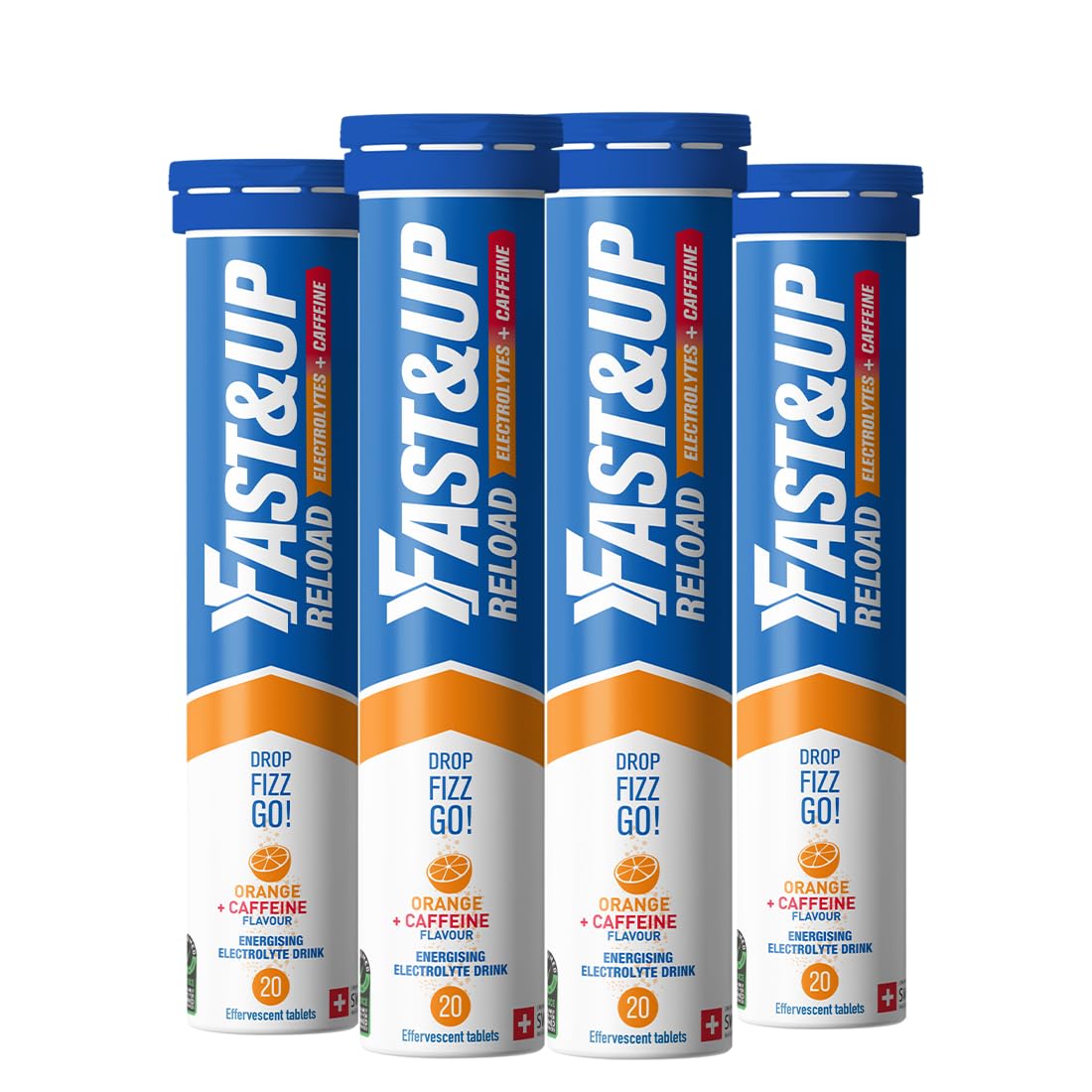 Fast&Up Reload – Energising Electrolyte Drink -Orange + Caffiene Flavour - 80 Effervescent Hydration Tablets - Added Vitamin C & B12 - Vegan