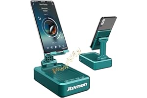 JTEMAN Cell Phone Stand with Wireless Bluetooth Speakers,Angle Adjustable Strong Pedestal Phone Stand for Desk,HD Sound and Bass Bluetooth Speaker Compatible with All Mobile Phones(Green)