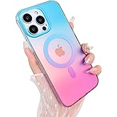 Heaofei Aesthetic Case for iPhone 15 Pro Max Case for Women Girls, Compatible with Magsafe, Cute Girly Trendy Glitter Sparkly Rainbow Magnetic Protective Phone Cover, Matte Iridescent Blue & Pink