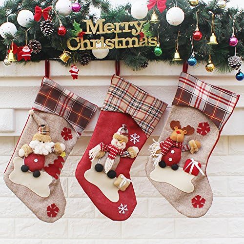 Christmas Decoration Stockings Gift Bag for Kids With Santa Snowman and Reindeer Pattern,17.6"Larger Size, Built-in Hanging Loop,Classic Unique Xmas Socks,Set of 3Pcs