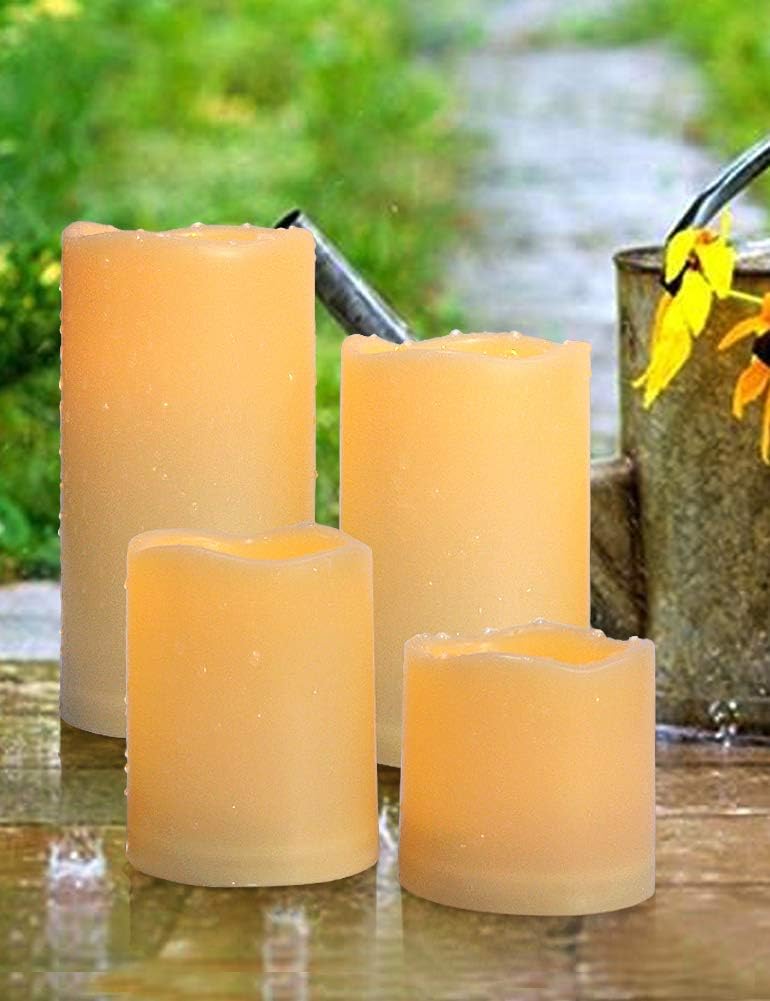 HOME MOST Set of 4 Outdoor LED Pillar Candles with Timer 3x3 3x4 3x5 3x6 - Waterproof Flickering Flameless Pillar Candles Battery Operated - Outdoor Plastic Pillar Candles Unscented for Decor