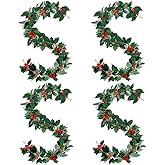 4 Pieces Xmas Green Garland 69inch Artificial Christmas Red Berry Vine Winter Holly Leaves Garland Outdoor for Indoor Outdoor Home Wedding Winter Party Door Frame Backdrop Decor(A)