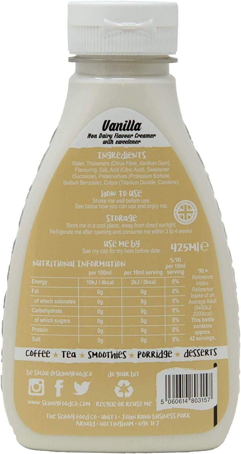 Skinny Food Co Vanilla Coffee Creamer 425ml, Liquid Coffee Creamer Non-Dairy, Vegan, Fat-Free, Skinny Creamer Sugar Free - Image 3