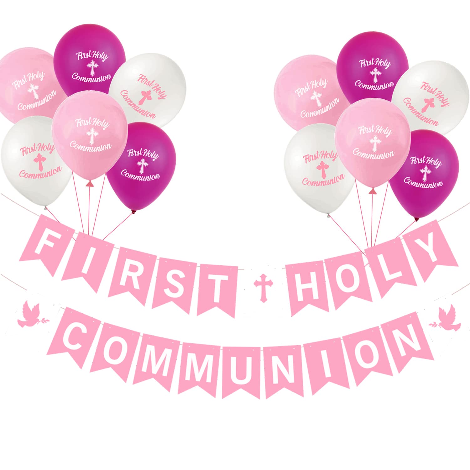 Elicola First Communion Decorations for Girls Including Pink First Communion Banner and 18PCS Balloons for First Communion Party Pink